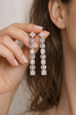 Rose Gold Crystal Geometric Drop Earrings - Elegant Statement Sparkle - Image 2