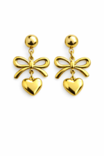 Gold Bow & Heart Drop Earrings – Elegant Romantic Style - Image 3