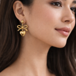 Gold Bow & Heart Drop Earrings – Elegant Romantic Style