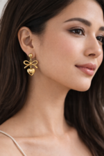 Gold Bow & Heart Drop Earrings – Elegant Romantic Style